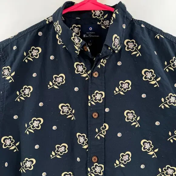 Ben Sherman Neps Shirt Small Floral Print Button Down Navy Cotton Short Sleeve - Picture 5 of 13